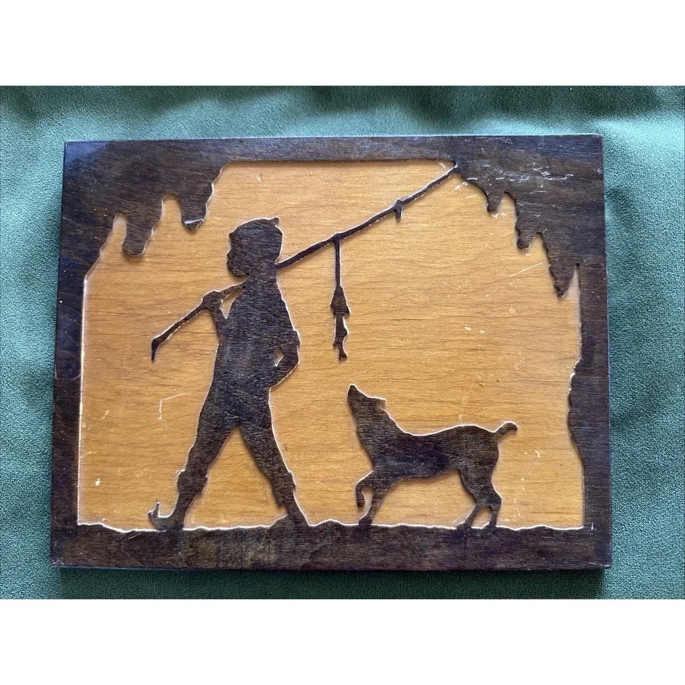 Vintage 1940's Wood Cut Boy Fishing With Dog Wall Art, HR Perryman, Englewood NJ